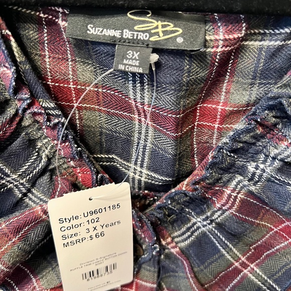 SUZANNE BETRO Navy, Olive & Burgundy Plaid Ruffle-Trim V-Neck (3X) NEW w/TAGS - Picture 7 of 10